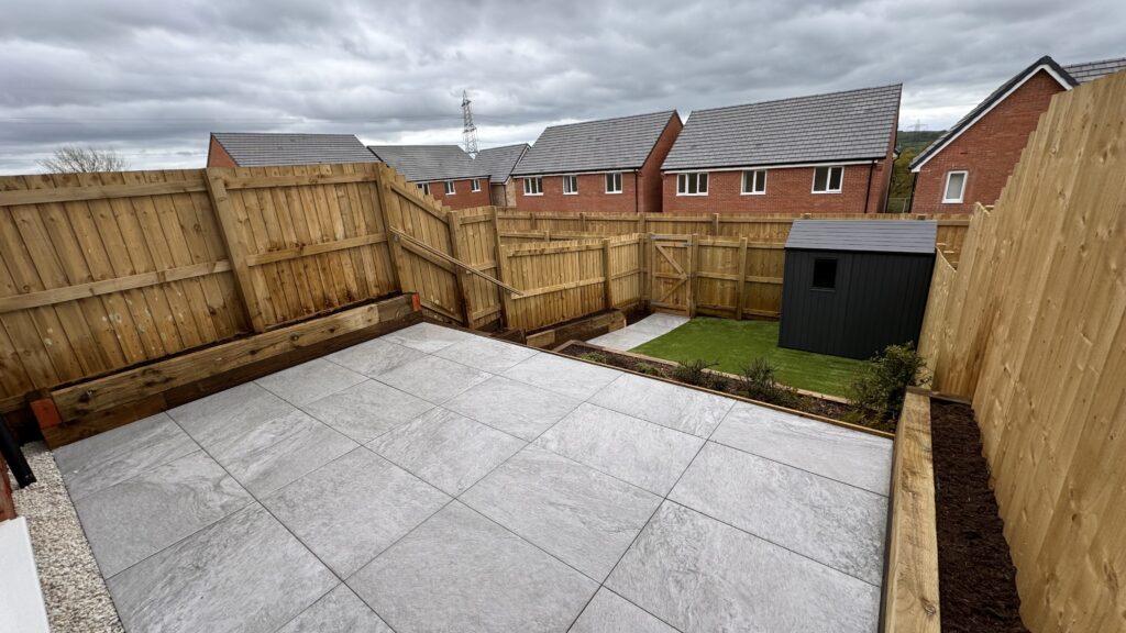 New build landscaping project with pathways and planting