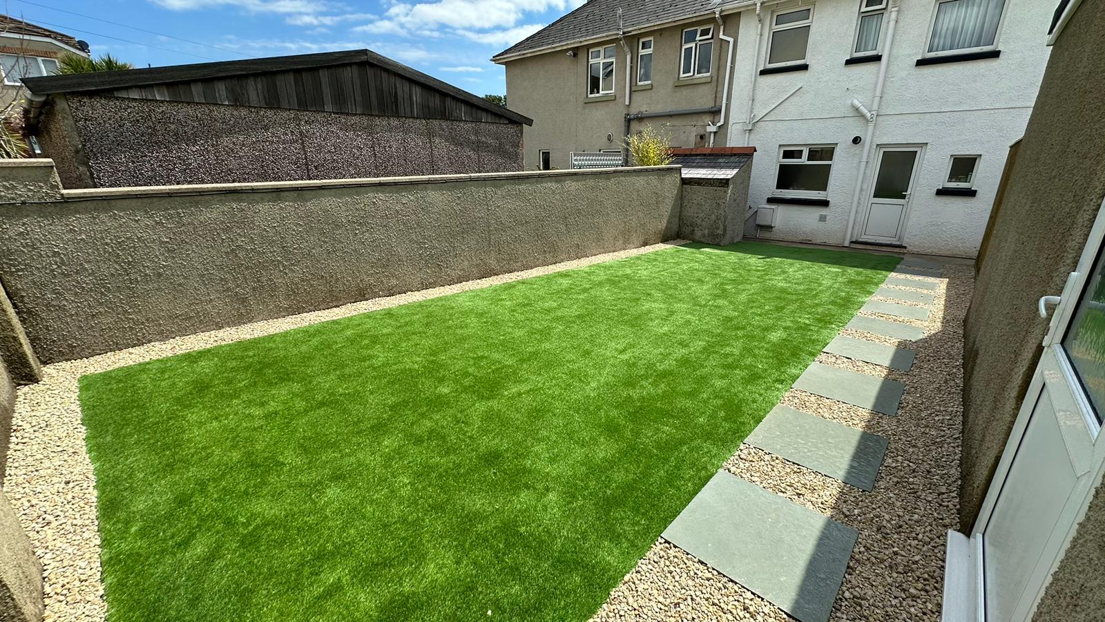 Artificial grass installation replacing concrete garden, before and after