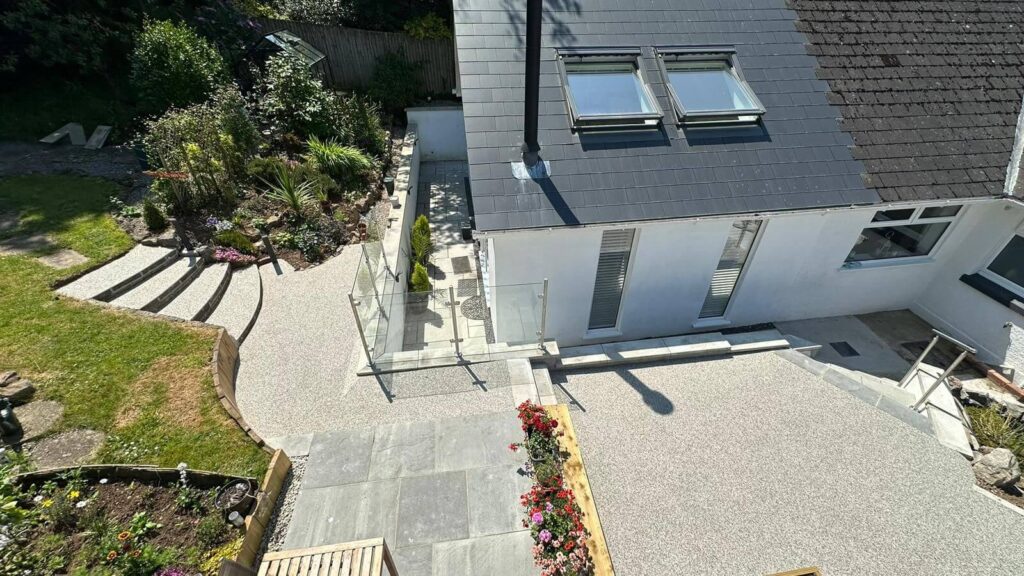 Birds eye aerial view of resin bound patio surfacing