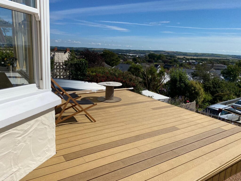 Completed timber decking project in residential garden, Braunton