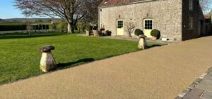 Landscaped low-maintenance front garden with mature planting and lawn