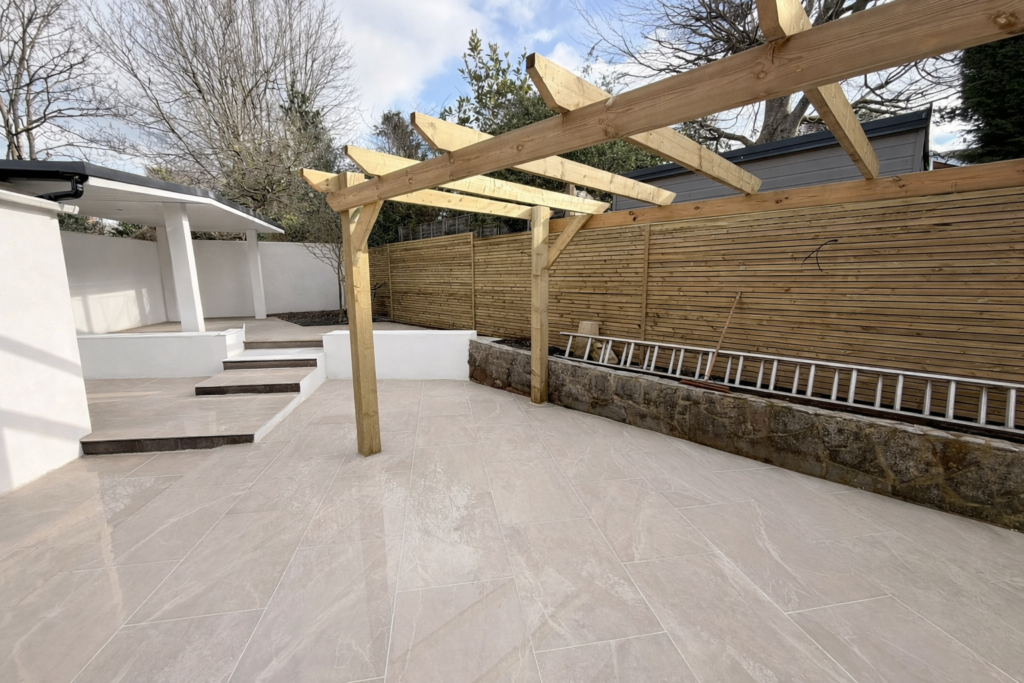 pergola porcelain patio stone wall exeter