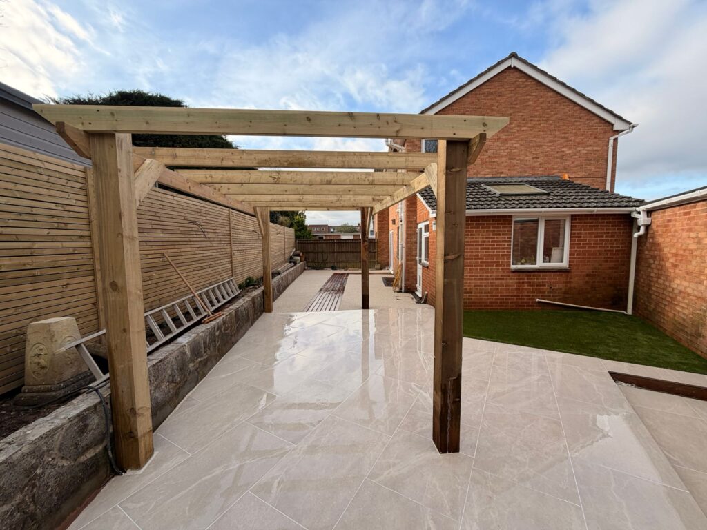 pergola porcelain patio wide view exeter