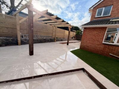 polished porcelain patio pergola artificial grass exeter