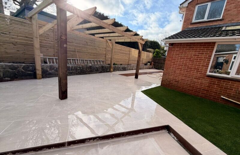 polished porcelain patio pergola artificial grass exeter