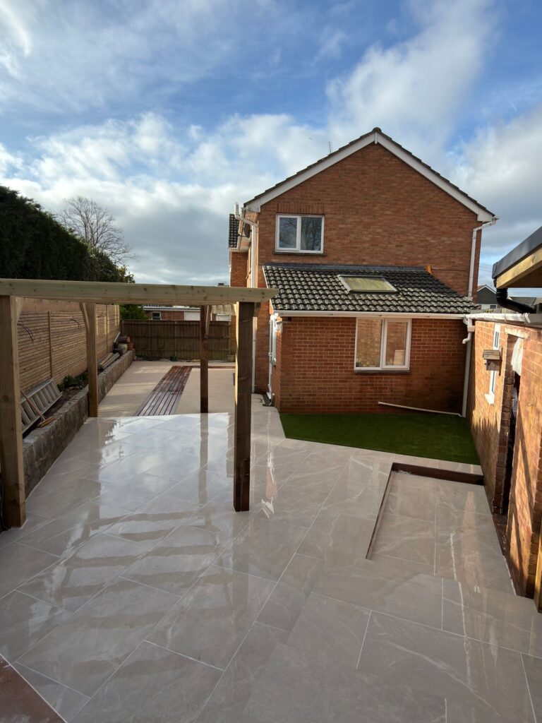 polished porcelain patio pergola finished exeter
